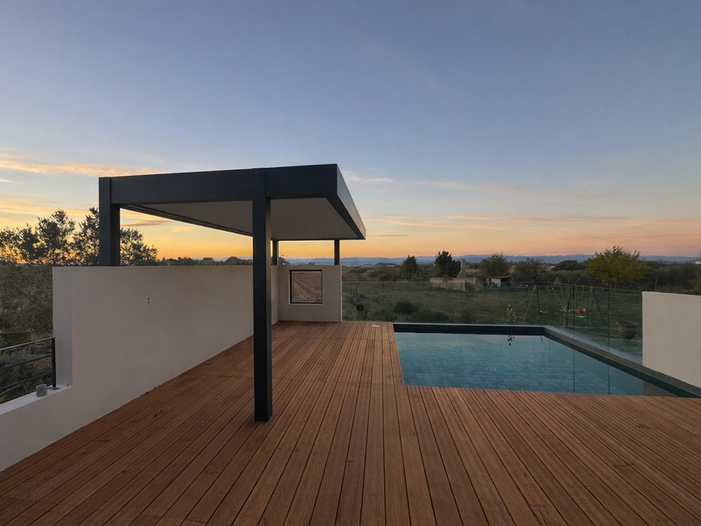 Magnifique pergola avec poteaux déportés devant piscine